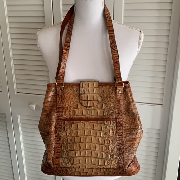 Brahmin Flower Toasted Almond Collection Shoulder Bag Leather Croc Print Purse - Picture 2 of 16